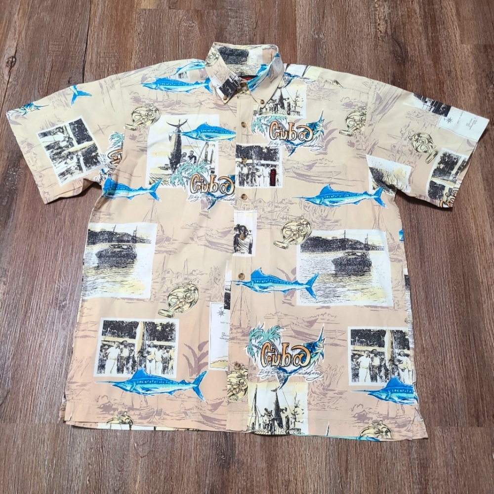 Mens Sportif USA Tan Florida Fishing Print Shirt With Front Pocket  Size M